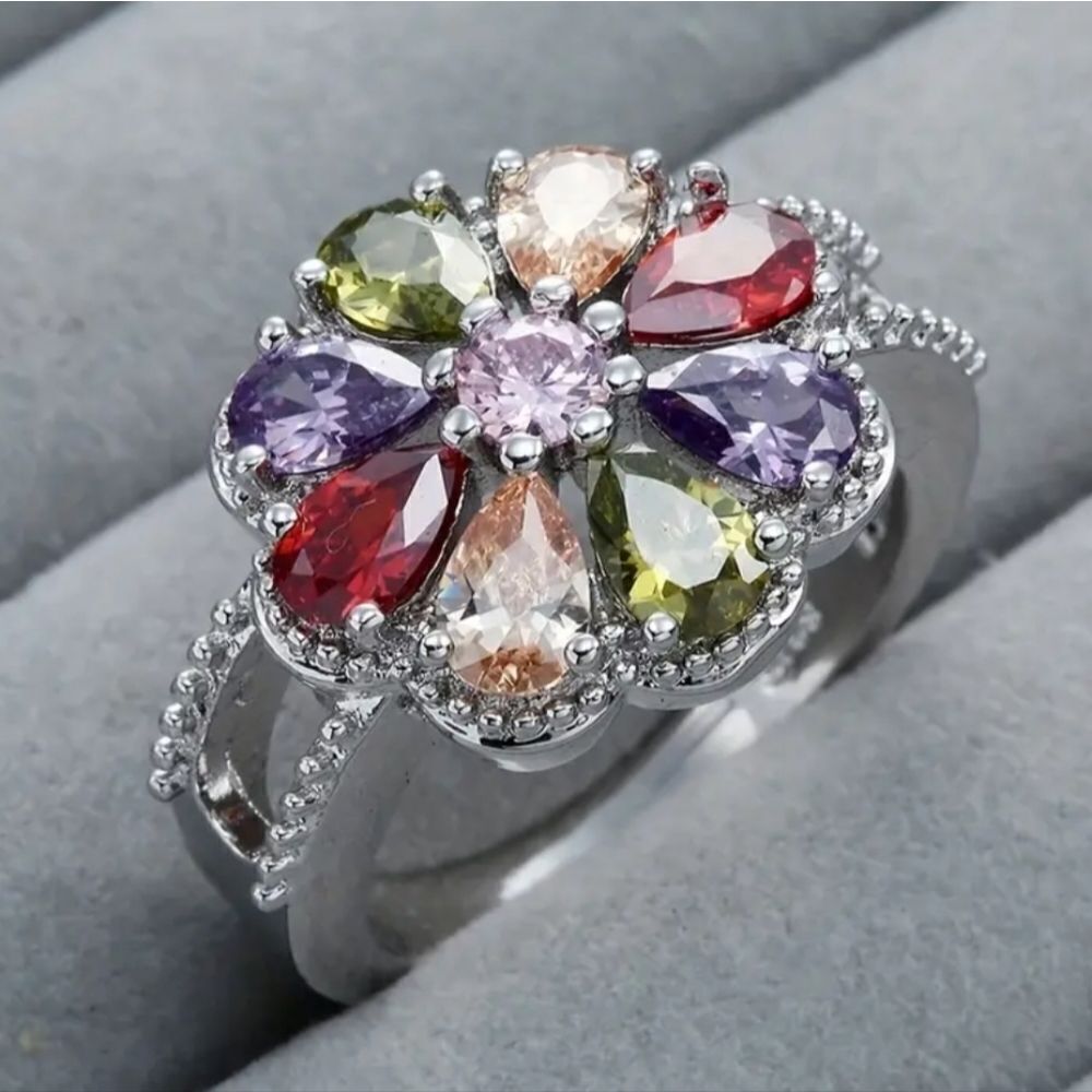 Ladies silver plated sparkling jeweled stoned ring